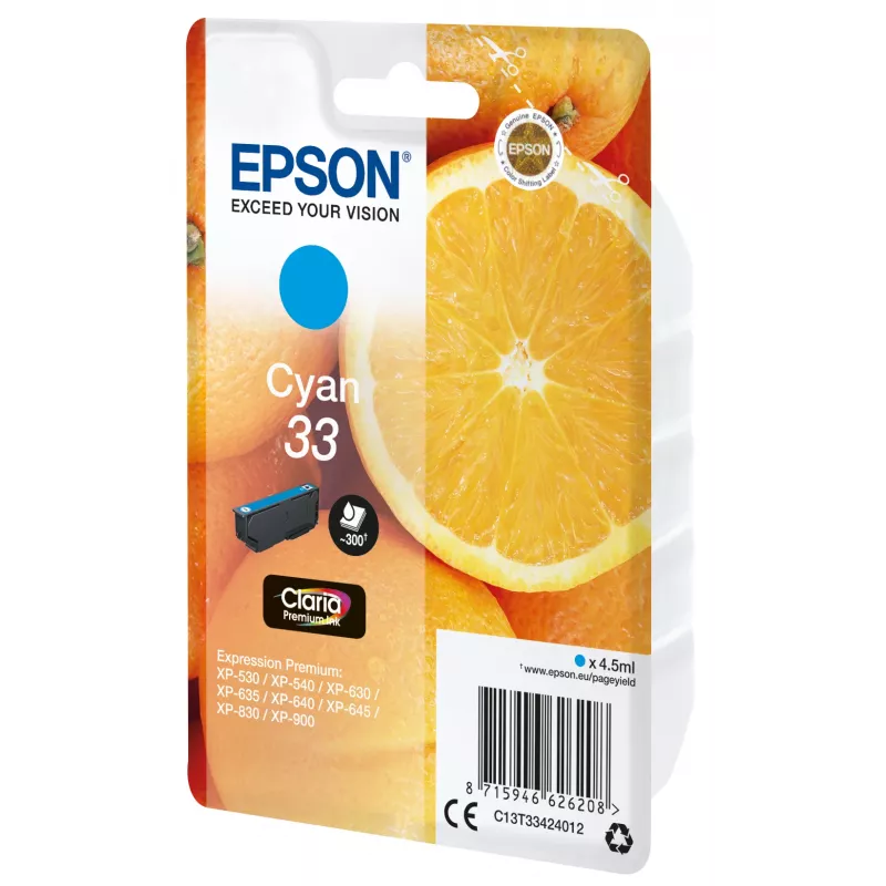 Epson Oranžinės Singlepack Žydra 33 Claria Premium Ink, žydra, 4,5 ml, 1 vnt., 300 puslapių