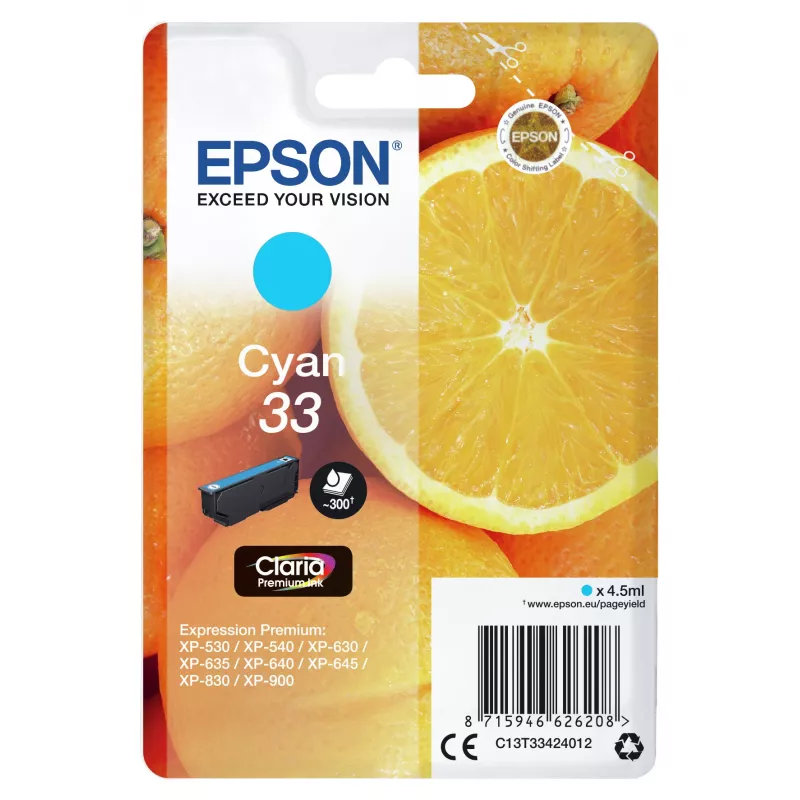 Epson Oranžinės Singlepack Žydra 33 Claria Premium Ink, žydra, 4,5 ml, 1 vnt., 300 puslapių