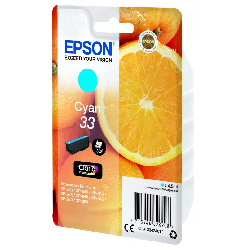 Epson Oranžinės Singlepack Žydra 33 Claria Premium Ink, žydra, 4,5 ml, 1 vnt., 300 puslapių