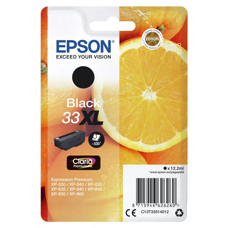 Epson Oranžinės Singlepack Juoda 33XL Claria Premium rašalas, didelio našumo (XL), juoda, pigmentinis rašalas, 12,2 ml, 1 vnt.