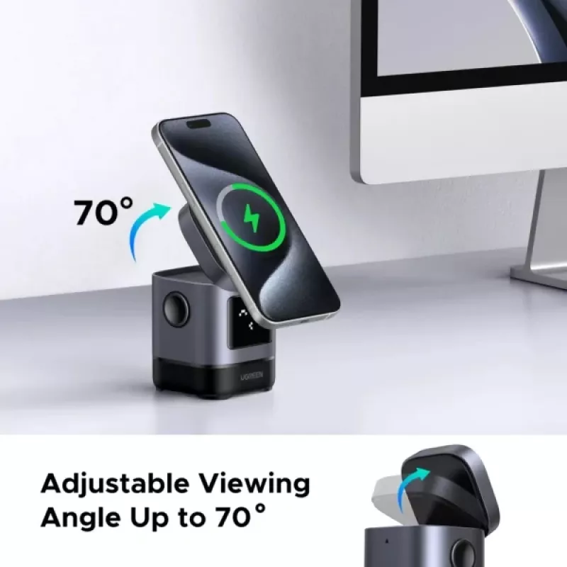 Įkroviklis UGREEN 45775 — vidaus belaidis greitasis kroviklis, universalus, 1× USB-C, juoda/pilka
