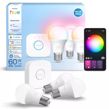 Smart lighting kit Philips Hue White and colour ambience Essential — 3× E27 išmaniosios lemputės, 806 lm, 8 W, Bluetooth/Zigbee