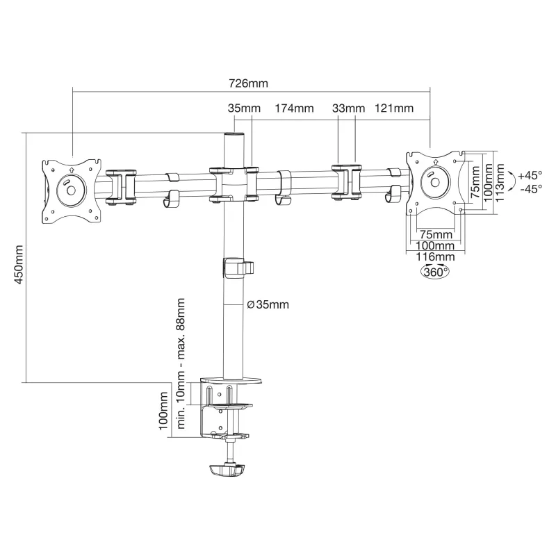 InLine stalinis laikiklis, skirtas 2x TFT/LCD/LED iki 68 cm (27 colių) maks. 2x8 kg