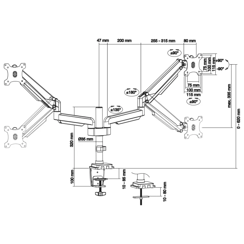 InLine stalinis laikiklis su pakėlimu, skirtas dviem monitoriams iki 82 cm (32 colių), 9 kg