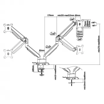 InLine stalo laikiklis su pakėlimu ir USB/garso jungtimis, 2 monitoriams iki 81 cm (32 colių) 9 kg, sidabrinis