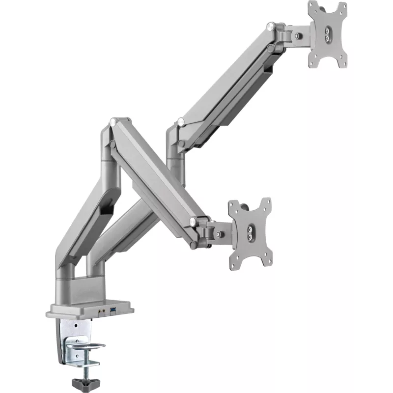 InLine stalo laikiklis su pakėlimu ir USB/garso jungtimis, 2 monitoriams iki 81 cm (32 colių) 9 kg, sidabrinis