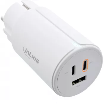 InLine USB PD maitinimo šaltinis, GaN įkroviklis, 3 prievadų, dvigubas USB-C + USB-A, 65 W, baltas