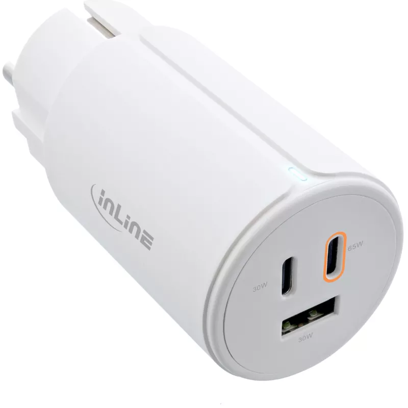 InLine USB PD maitinimo šaltinis, GaN įkroviklis, 3 prievadų, dvigubas USB-C + USB-A, 65 W, baltas