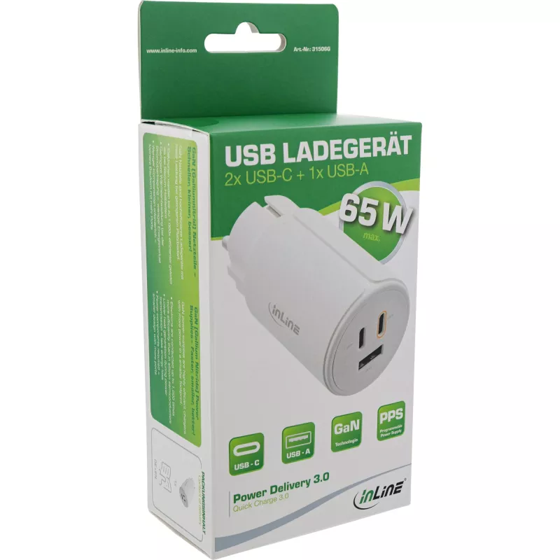 InLine USB PD maitinimo šaltinis, GaN įkroviklis, 3 prievadų, dvigubas USB-C + USB-A, 65 W, baltas