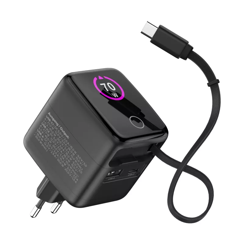 InLine USB maitinimo šaltinis, 70W, GaN, USB-C PD + USB-A QC, laidas 60cm, juodas
