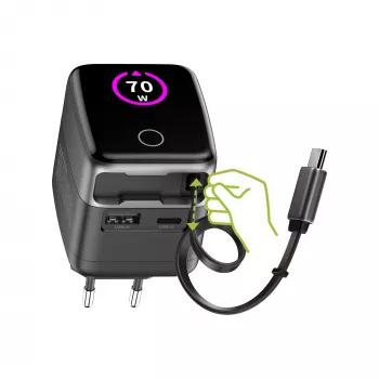 InLine USB maitinimo šaltinis, 70W, GaN, USB-C PD + USB-A QC, laidas 60cm, juodas