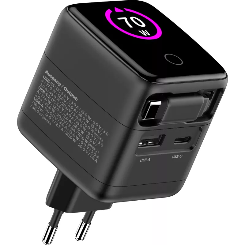 InLine USB maitinimo šaltinis, 70W, GaN, USB-C PD + USB-A QC, laidas 60cm, juodas