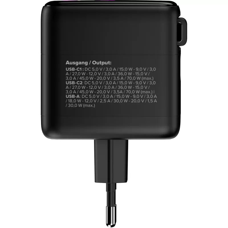 InLine USB maitinimo šaltinis, 70W, GaN, USB-C PD + USB-A QC, laidas 60cm, juodas