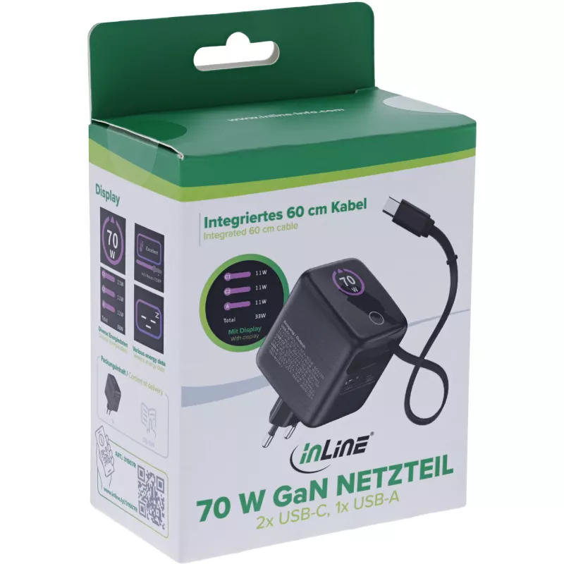 InLine USB maitinimo šaltinis, 70W, GaN, USB-C PD + USB-A QC, laidas 60cm, juodas
