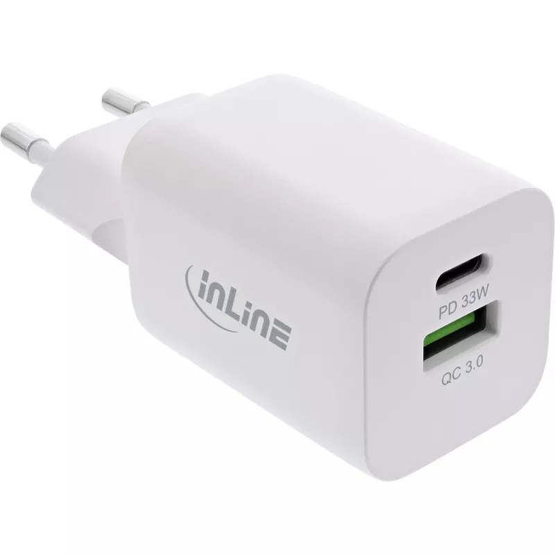 InLine USB maitinimo šaltinis, įkroviklis USB-A + USB-C, 33W, PD + QC, baltas