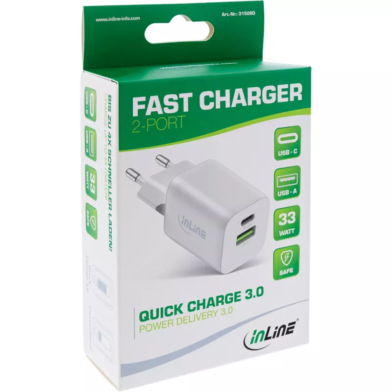 InLine USB maitinimo šaltinis, įkroviklis USB-A + USB-C, 33W, PD + QC, baltas