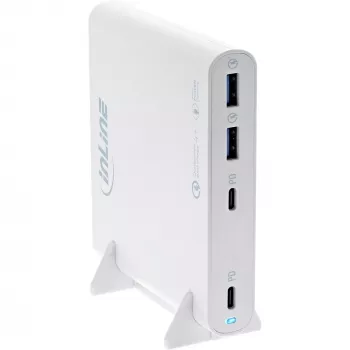 “InLine” USB maitinimo šaltinis, GaN įkroviklis, 4 prievadai, 2x USB-C + 2x USB-A, 120 W, balta