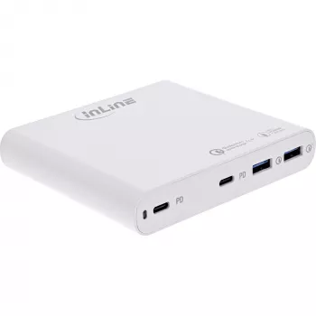 “InLine” USB maitinimo šaltinis, GaN įkroviklis, 4 prievadai, 2x USB-C + 2x USB-A, 120 W, balta