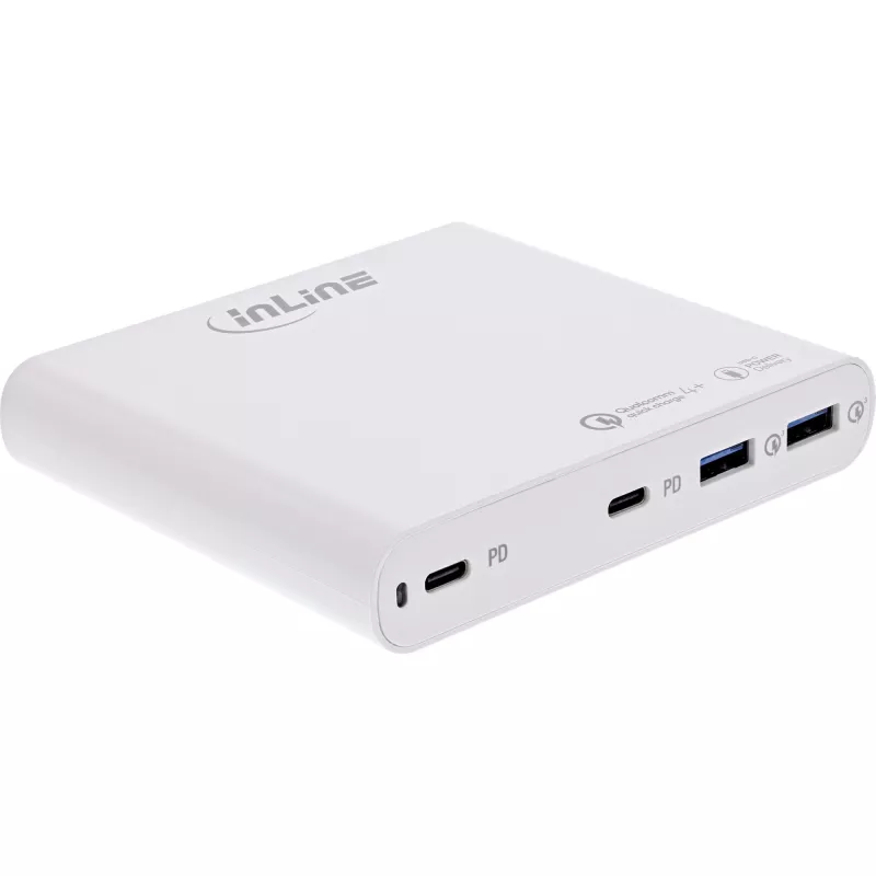 “InLine” USB maitinimo šaltinis, GaN įkroviklis, 4 prievadai, 2x USB-C + 2x USB-A, 120 W, balta