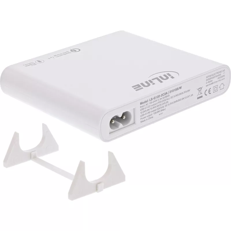 “InLine” USB maitinimo šaltinis, GaN įkroviklis, 4 prievadai, 2x USB-C + 2x USB-A, 120 W, balta