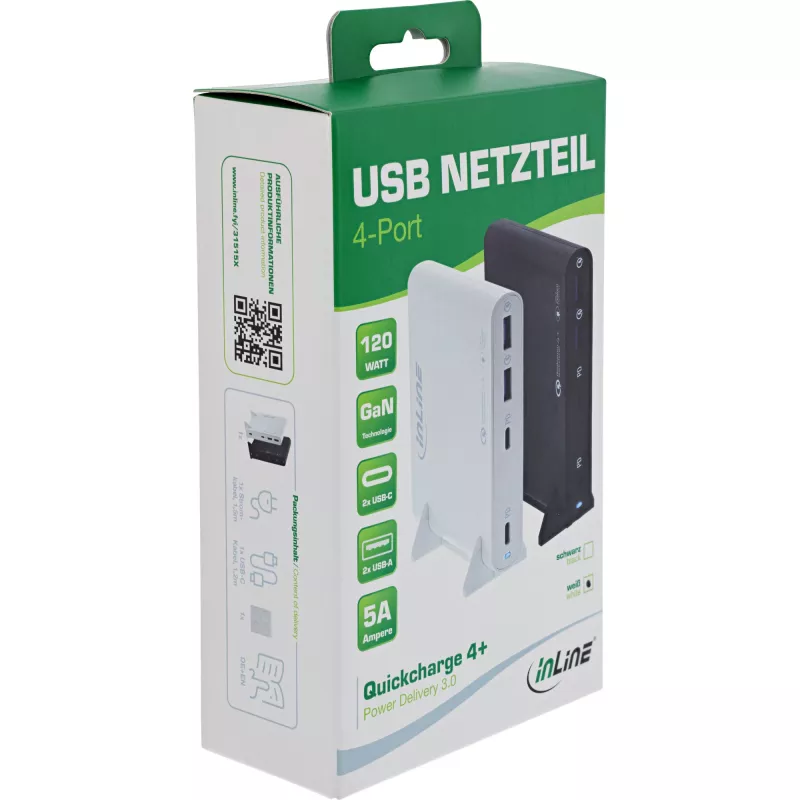 “InLine” USB maitinimo šaltinis, GaN įkroviklis, 4 prievadai, 2x USB-C + 2x USB-A, 120 W, balta