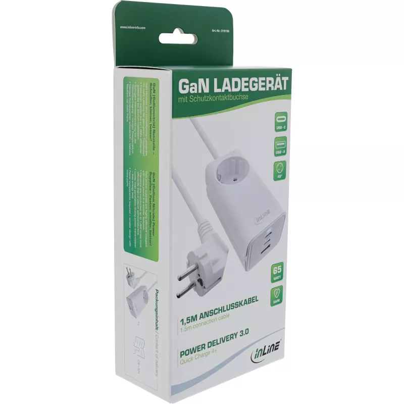 InLine USB maitinimo blokas, GaN įkroviklis, 2x USB-C, 1x USB-A, PD 3.0, apsauginis lizdas