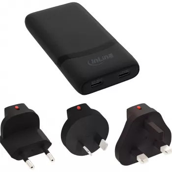 USB maitinimo adapteris InLine 31519B dvigubas USB-C 65W maitinimo adapteris su dviem USB-C prievadais