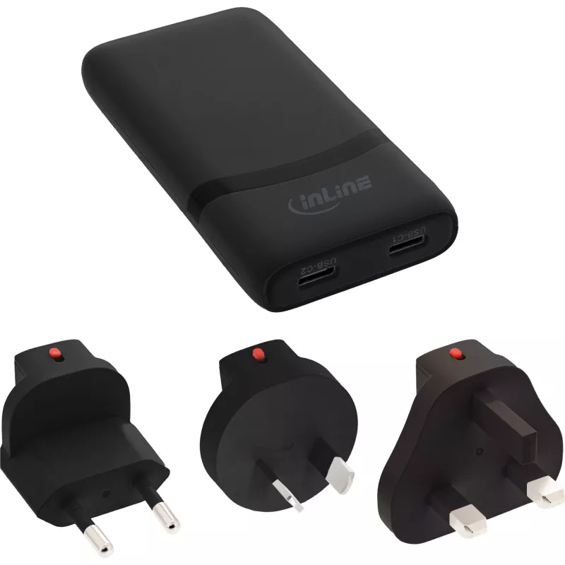 USB maitinimo adapteris InLine 31519B dvigubas USB-C 65W maitinimo adapteris su dviem USB-C prievadais