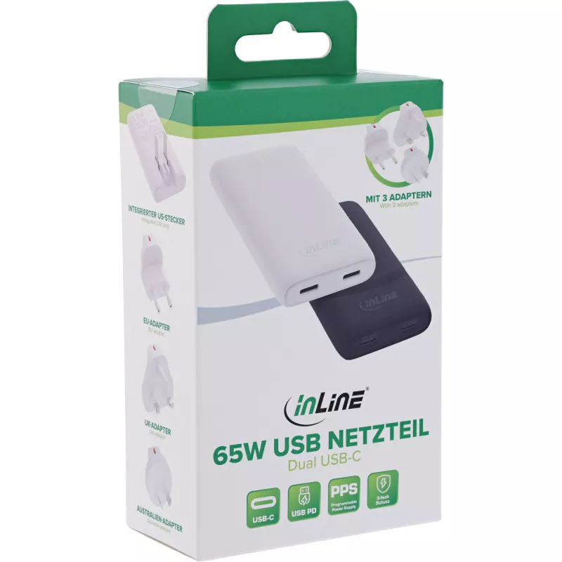 USB maitinimo adapteris InLine 31519B dvigubas USB-C 65W maitinimo adapteris su dviem USB-C prievadais