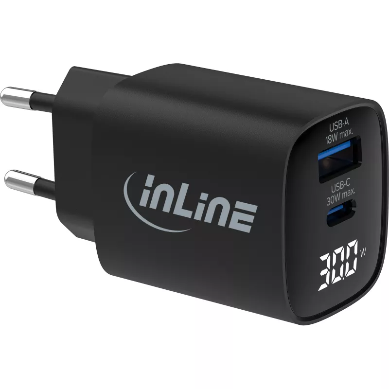InLine USB PD maitinimo blokas, GaN įkroviklis, 2 prievadų, USB-C + USB-A, 30 W, su ekranu
