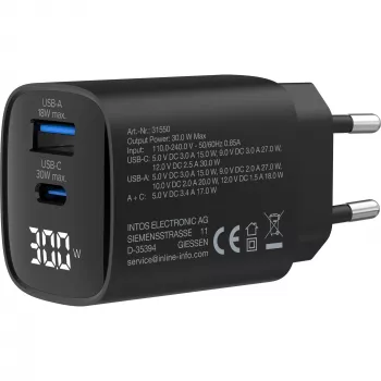 InLine USB PD maitinimo blokas, GaN įkroviklis, 2 prievadų, USB-C + USB-A, 30 W, su ekranu