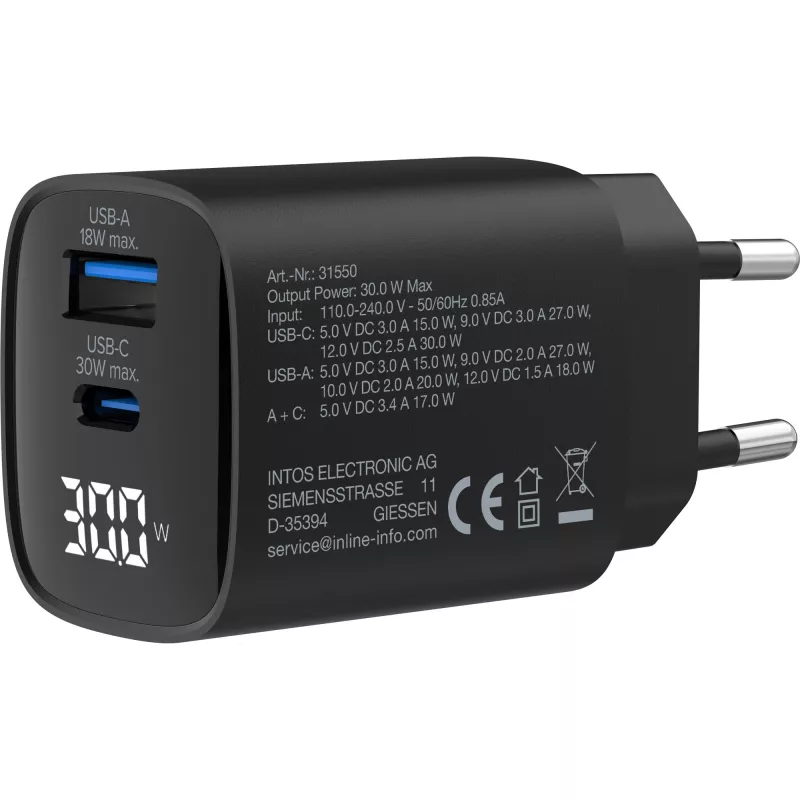 InLine USB PD maitinimo blokas, GaN įkroviklis, 2 prievadų, USB-C + USB-A, 30 W, su ekranu