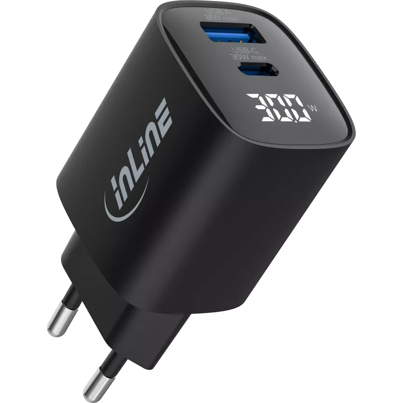 InLine USB PD maitinimo blokas, GaN įkroviklis, 2 prievadų, USB-C + USB-A, 30 W, su ekranu