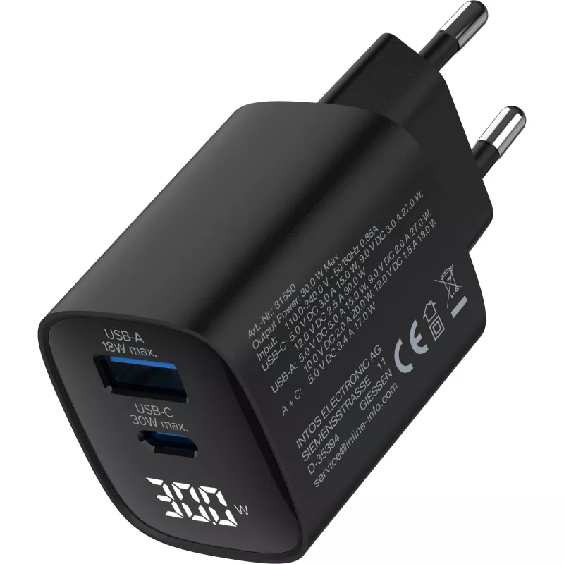 InLine USB PD maitinimo blokas, GaN įkroviklis, 2 prievadų, USB-C + USB-A, 30 W, su ekranu