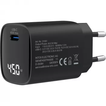 InLine USB PD maitinimo šaltinis, GaN įkroviklis, 1 prievadas, USB-C, 45 W, su ekranu