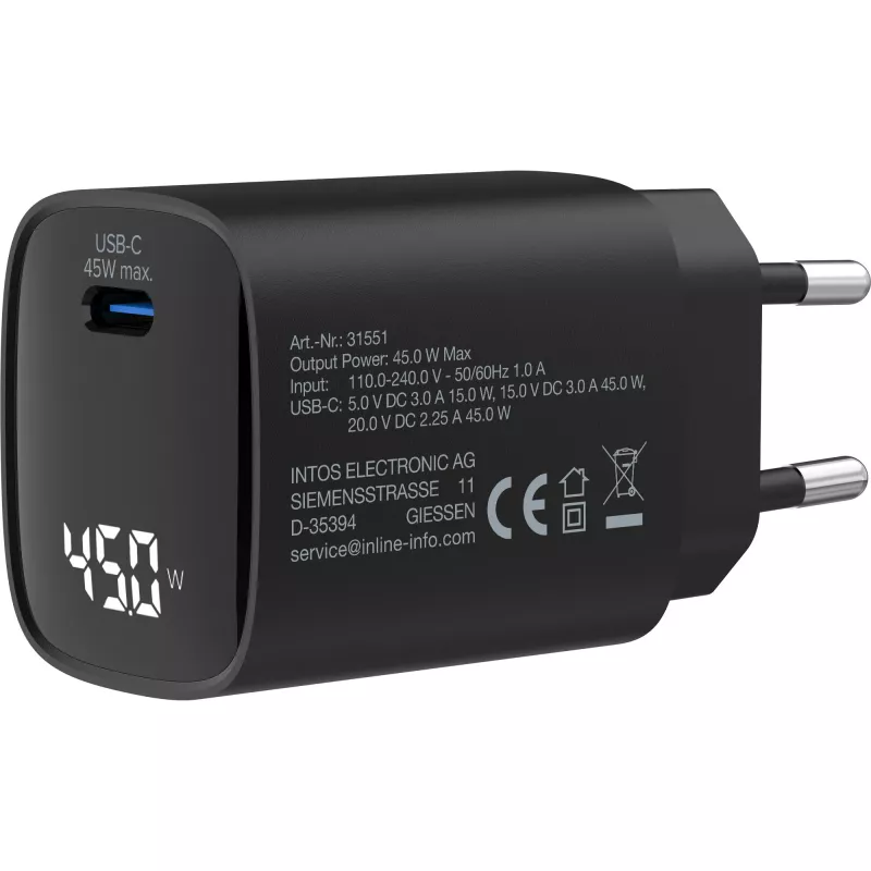 InLine USB PD maitinimo šaltinis, GaN įkroviklis, 1 prievadas, USB-C, 45 W, su ekranu