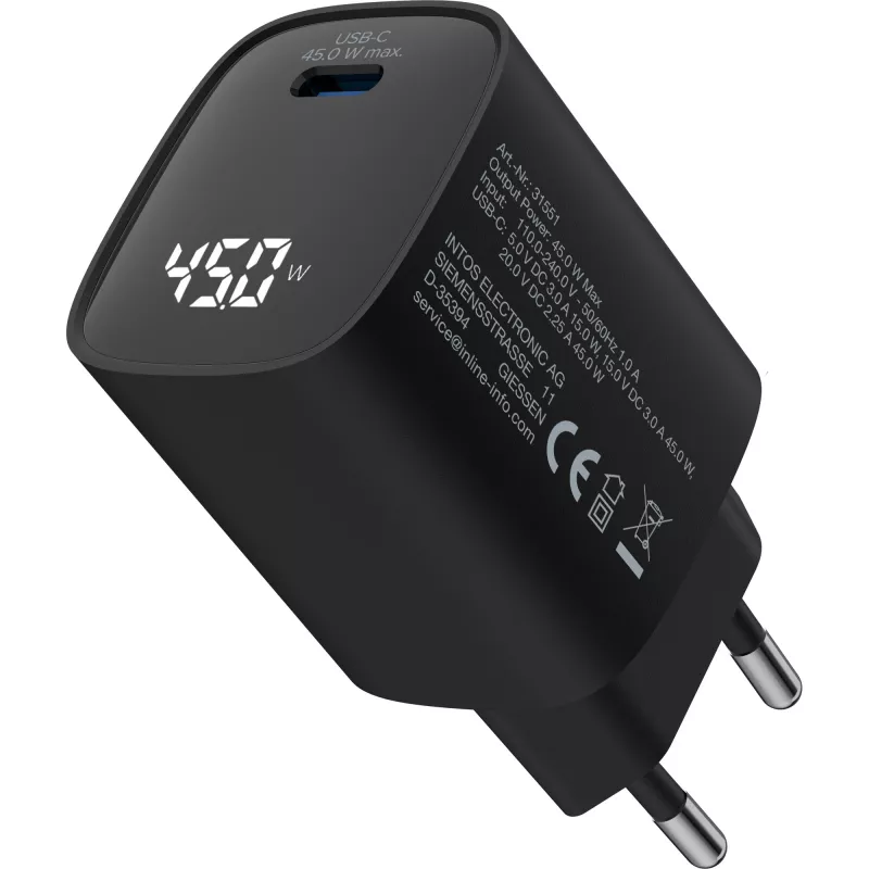 InLine USB PD maitinimo šaltinis, GaN įkroviklis, 1 prievadas, USB-C, 45 W, su ekranu