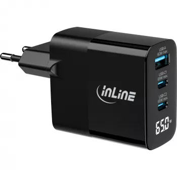 InLine USB PD maitinimo blokas, GaN įkroviklis, 3 prievadų, USB-C + USB-A, 65 W, su ekranu