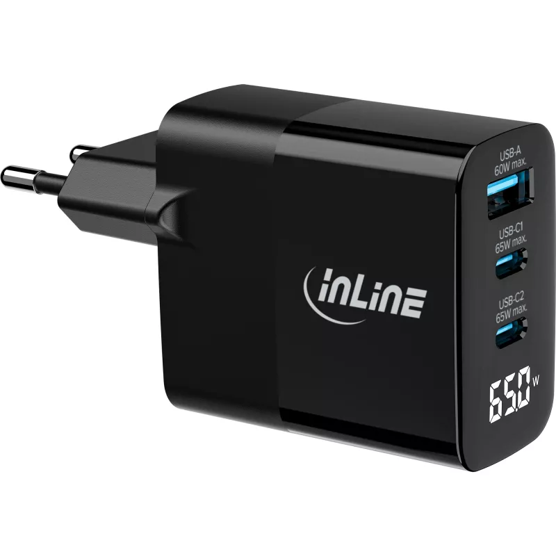 InLine USB PD maitinimo blokas, GaN įkroviklis, 3 prievadų, USB-C + USB-A, 65 W, su ekranu