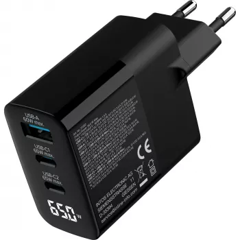 InLine USB PD maitinimo blokas, GaN įkroviklis, 3 prievadų, USB-C + USB-A, 65 W, su ekranu