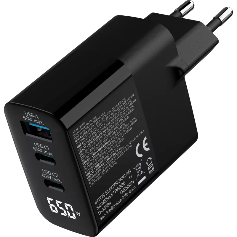 InLine USB PD maitinimo blokas, GaN įkroviklis, 3 prievadų, USB-C + USB-A, 65 W, su ekranu