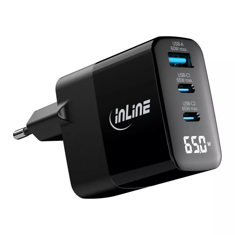InLine USB PD maitinimo blokas, GaN įkroviklis, 3 prievadų, USB-C + USB-A, 65 W, su ekranu