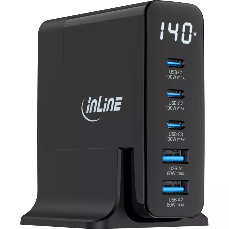 InLine USB PD maitinimo šaltinis, GaN įkroviklis, 5 prievadų, USB-C + USB-A, 140 W, su ekranu