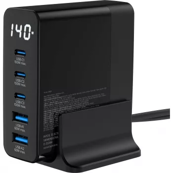 InLine USB PD maitinimo šaltinis, GaN įkroviklis, 5 prievadų, USB-C + USB-A, 140 W, su ekranu