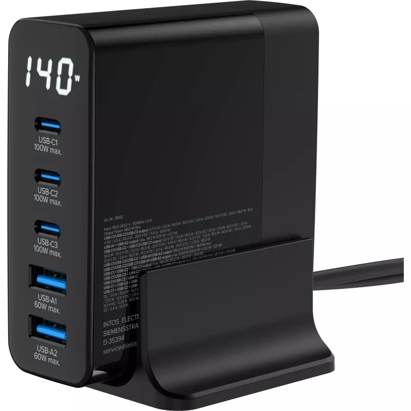 InLine USB PD maitinimo šaltinis, GaN įkroviklis, 5 prievadų, USB-C + USB-A, 140 W, su ekranu