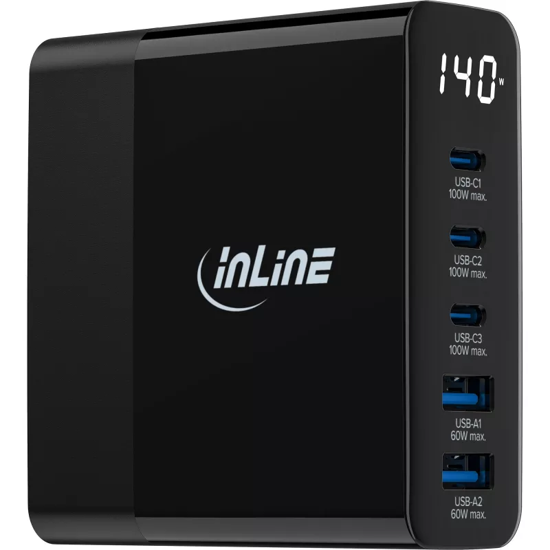 InLine USB PD maitinimo šaltinis, GaN įkroviklis, 5 prievadų, USB-C + USB-A, 140 W, su ekranu