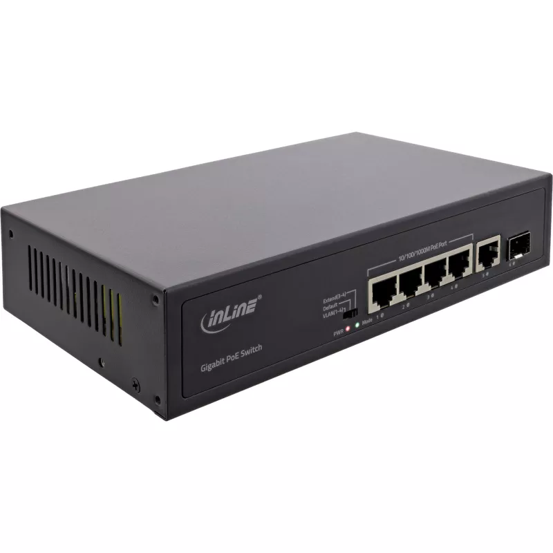 Nevaldomas komutatorius InLine PoE+ Gigabitinis tinklo komutatorius 5 prievadų 4x PoE+ 1xSFP 1Gb/s stalinis