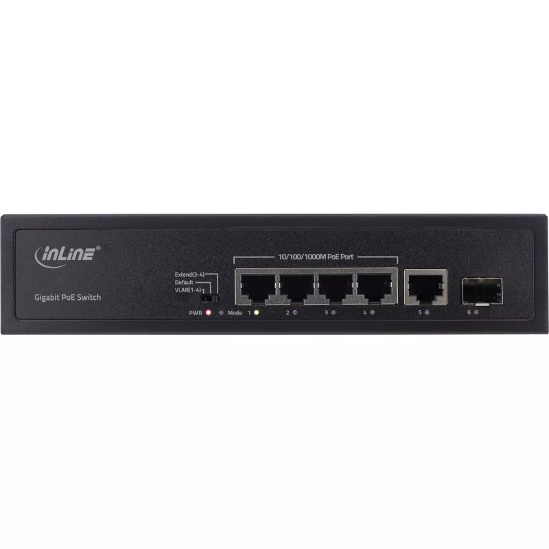 Nevaldomas komutatorius InLine PoE+ Gigabitinis tinklo komutatorius 5 prievadų 4x PoE+ 1xSFP 1Gb/s stalinis