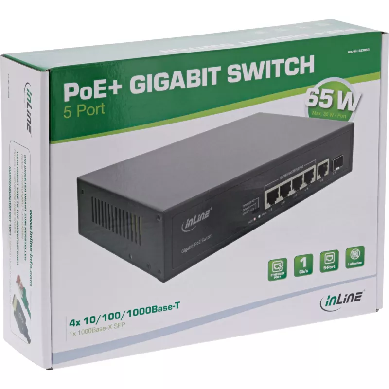Nevaldomas komutatorius InLine PoE+ Gigabitinis tinklo komutatorius 5 prievadų 4x PoE+ 1xSFP 1Gb/s stalinis