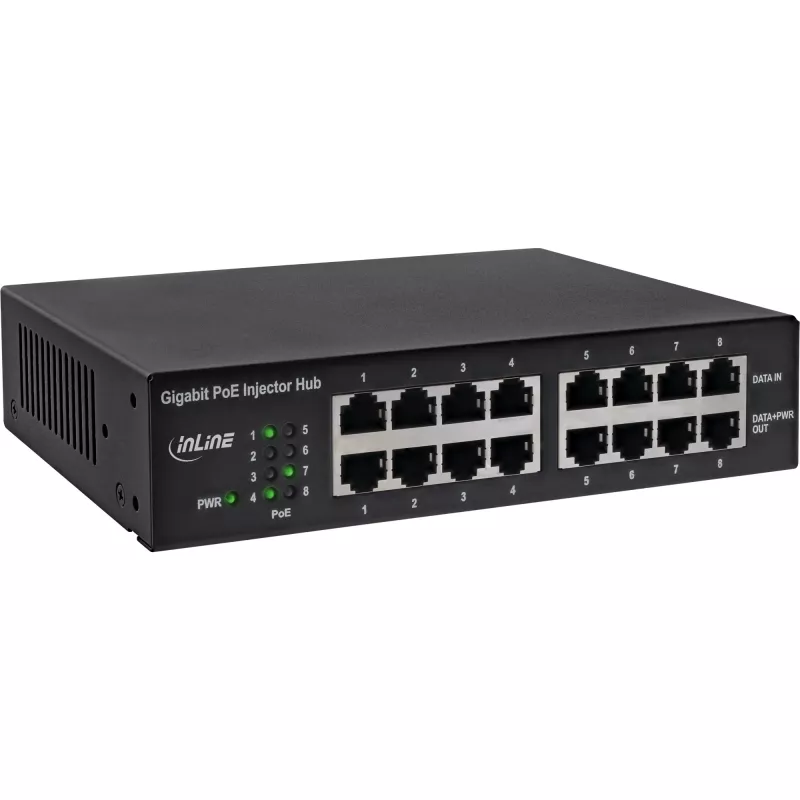 InLine PoE+ Gigabit Network Injector Hub 8 Port (8x PoE+), 1Gb/s, 19 inch 1U